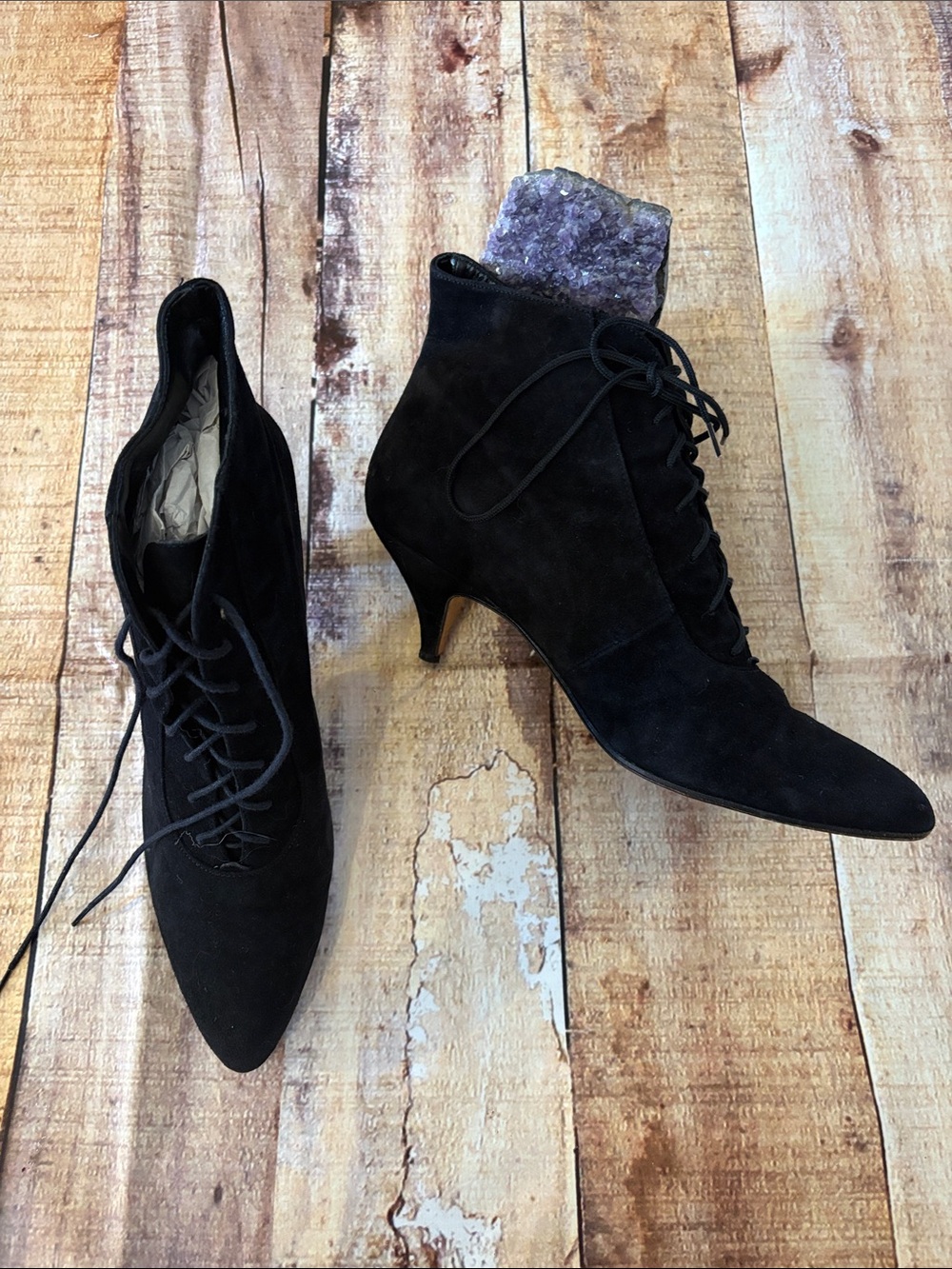 Vintage Brass Plum Black Suede Lace-Up Pointed-Toe Ankle Boots